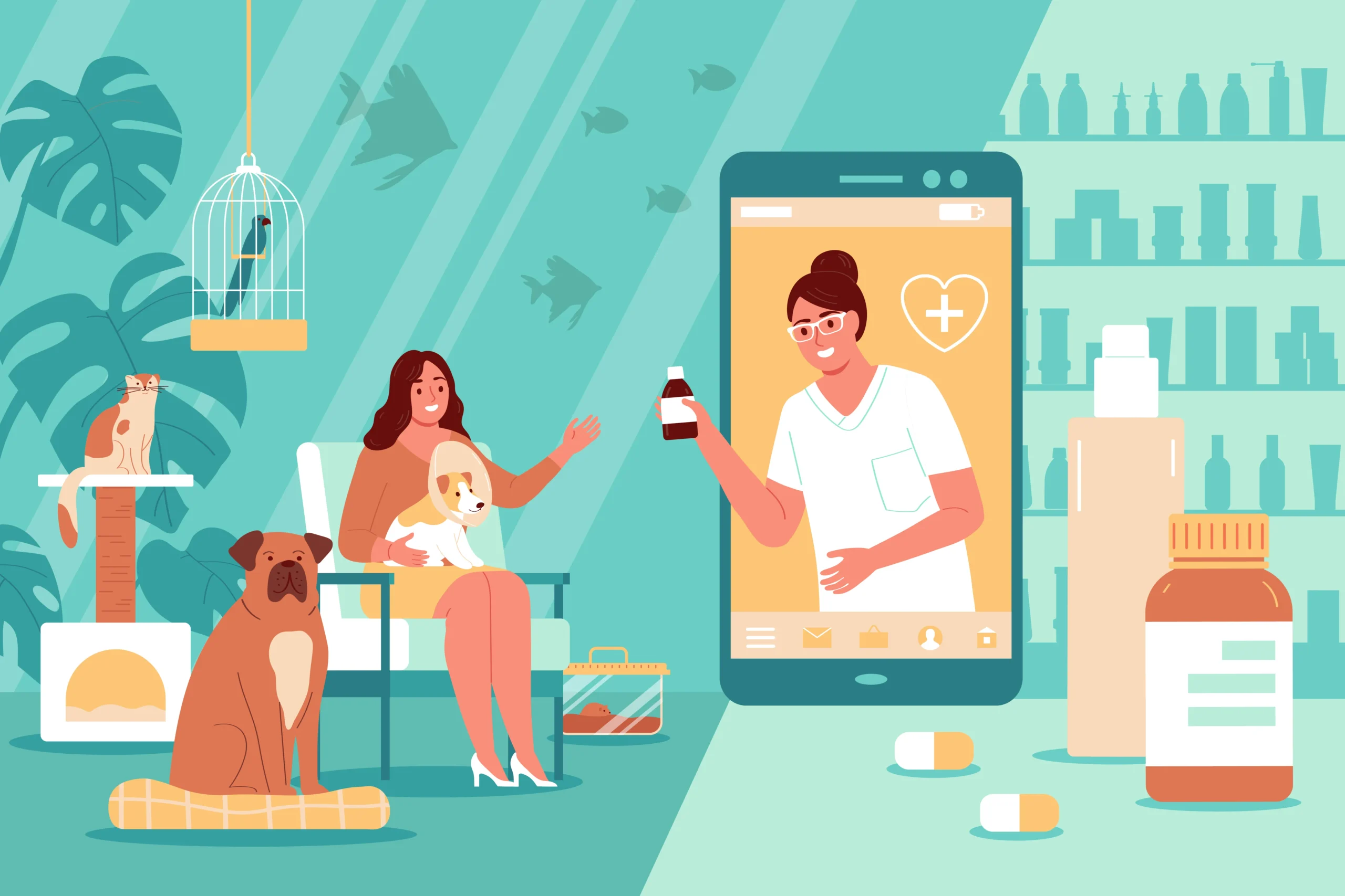 Pet owner consulting a veterinarian online about veterinary compounded medications through a veterinary compounding pharmacy.