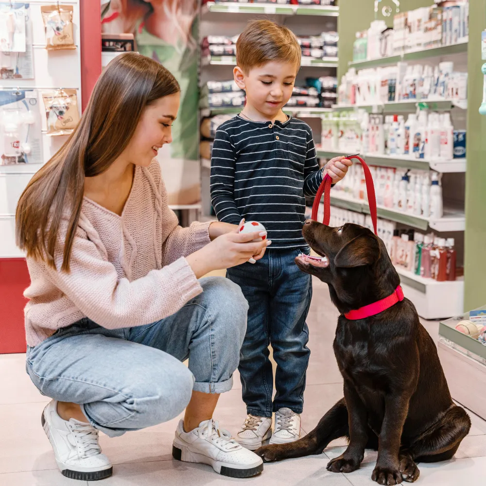 Family picking up veterinary compounded medications for their dog at a veterinary compounding pharmacy.