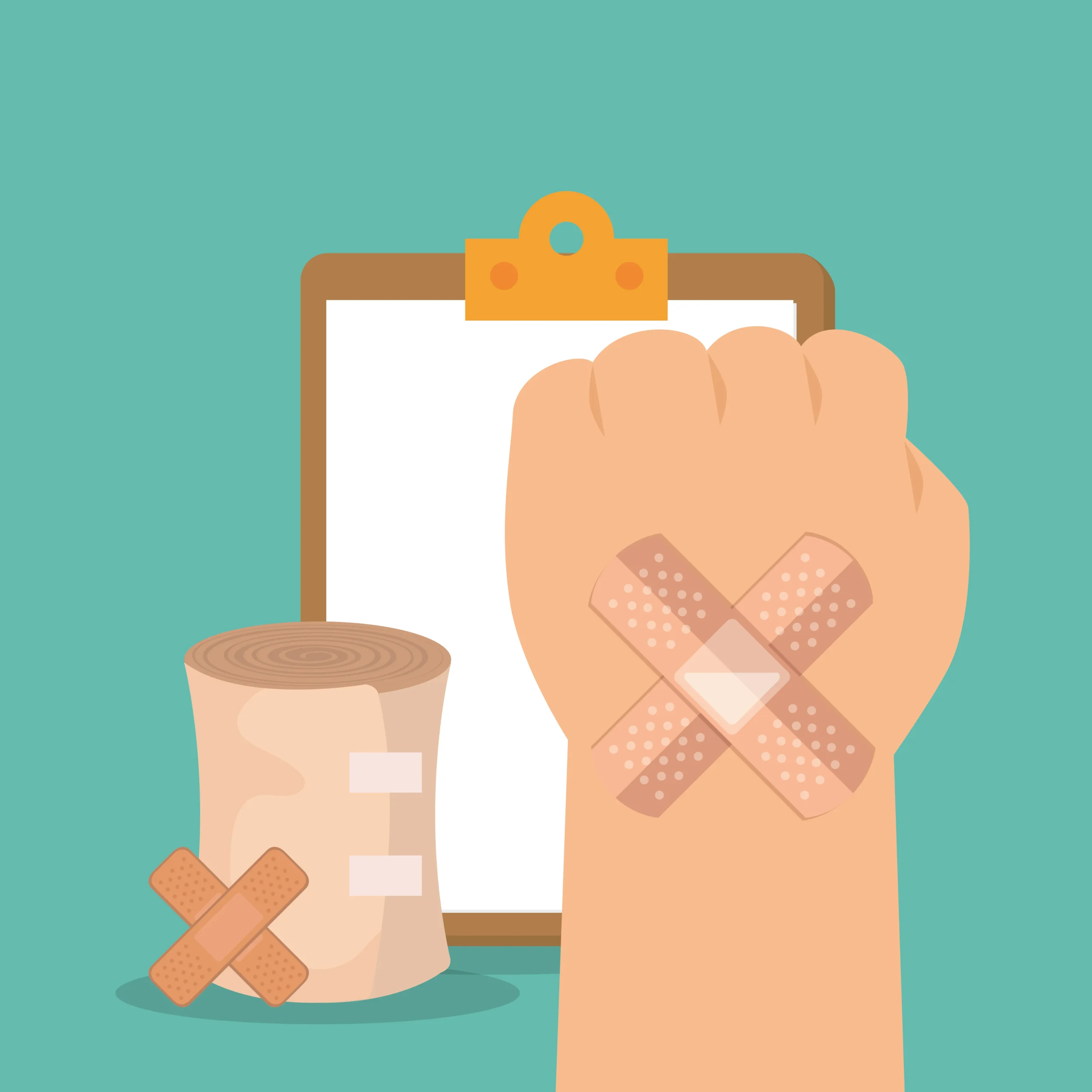 Illustration of a bandaged hand with medical supplies representing wound care treatment and quick wound healing medicines for proper wound protection, healing, and recovery.