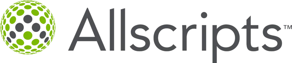 Allscripts logo: a green-and-gray dotted globe to the left of the gray Allscripts wordmark.