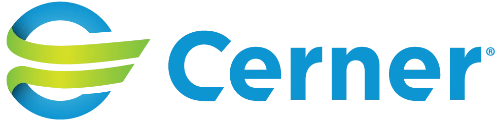 Cerner logo: blue 'Cerner' wordmark with green and blue curved ribbons emblematic of the brand affected by a circular motif.