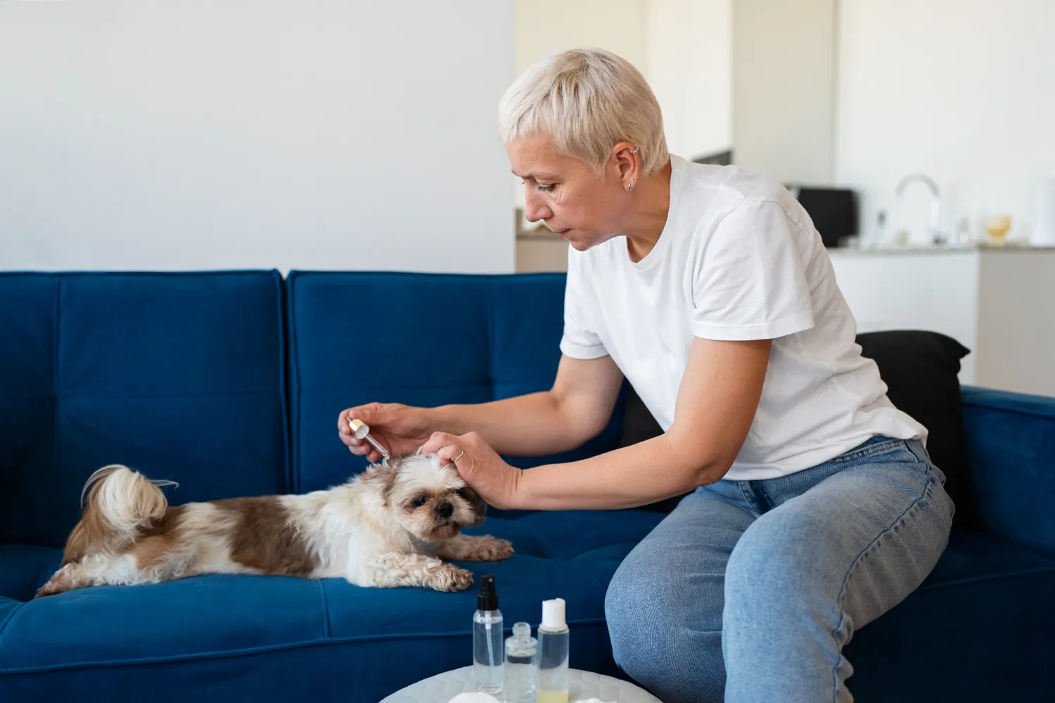 Pet owner administering compounded medication from a veterinary pharmacy in Florida for home treatment