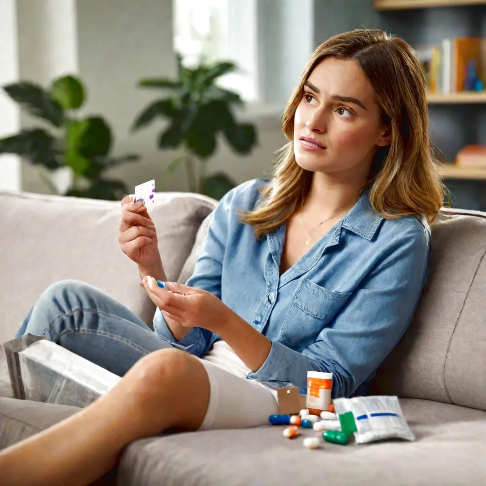 Woman reviewing medications at home while considering hormone replacement therapy for symptom relief