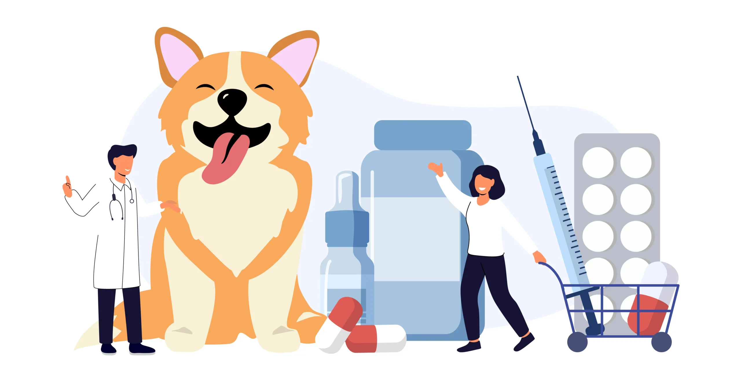 Illustration of veterinary compounding pharmacy services with pet medications, vaccines, and animal healthcare supplies