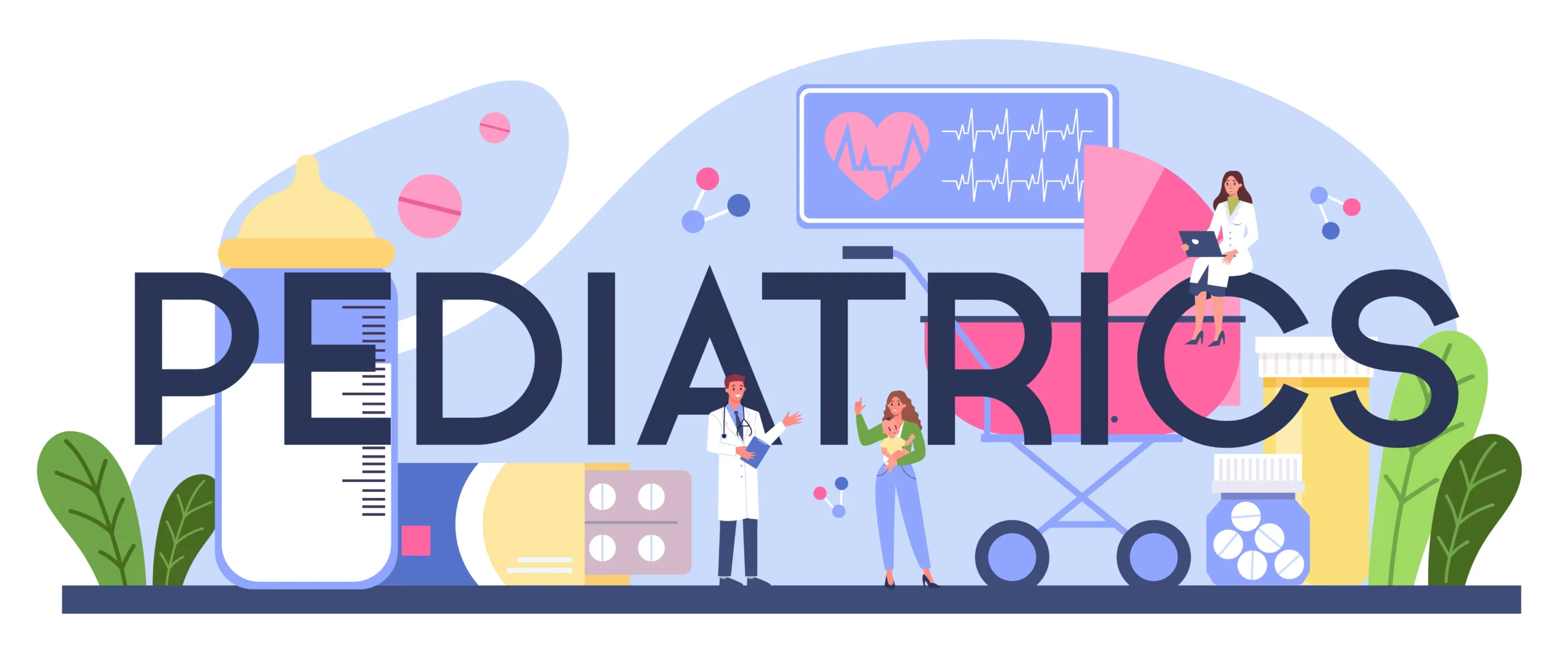 Pediatric compounding pharmacy illustration highlighting customized medication preparation, precise dosing, and child-friendly formulations for pediatric patients