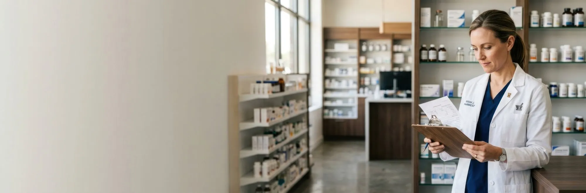 Pharmacist reviewing prescriptions at a compound pharmacy near me.
