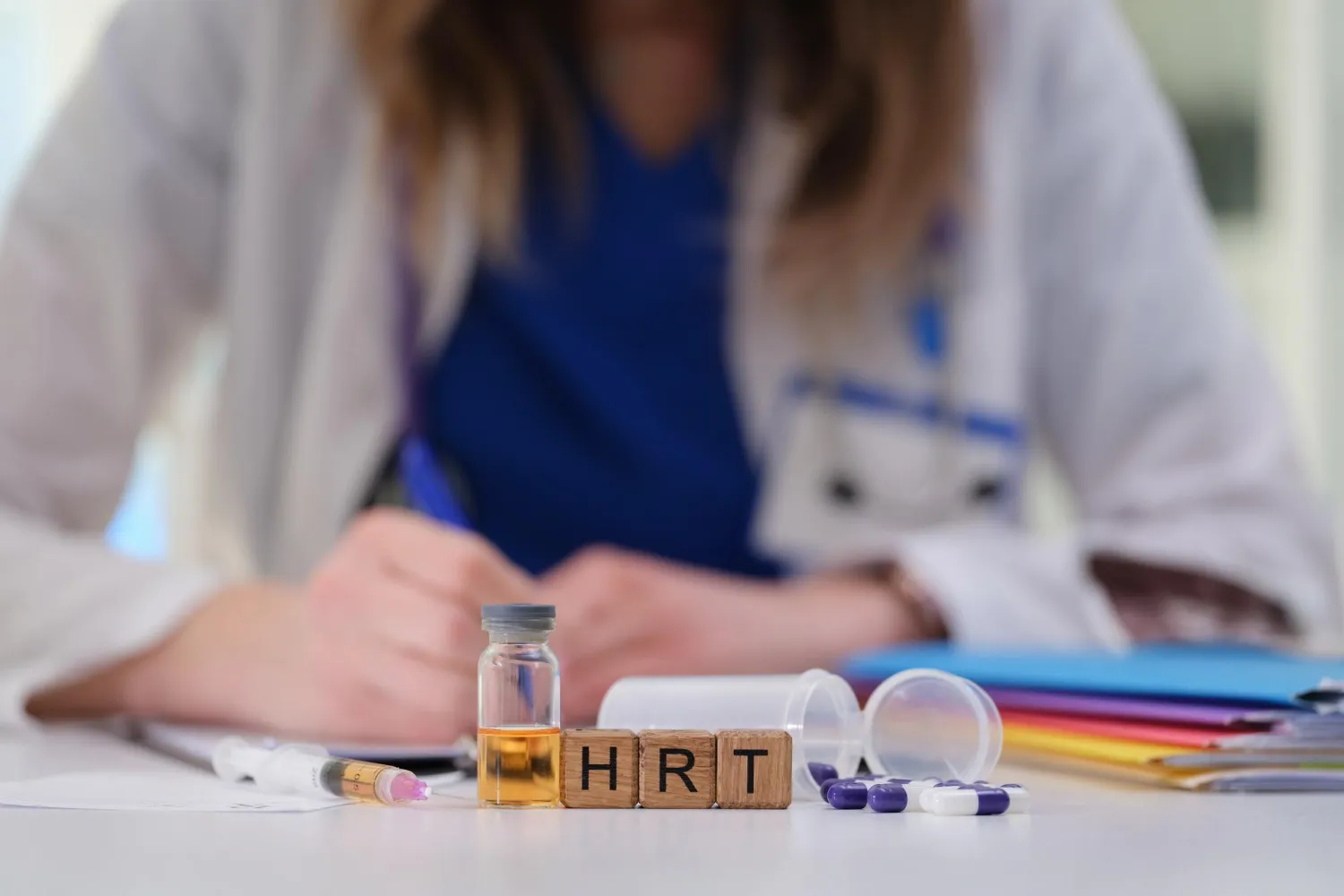 Hormone replacement therapy supplies, including medication and syringes, prepared for HRT Treatments.