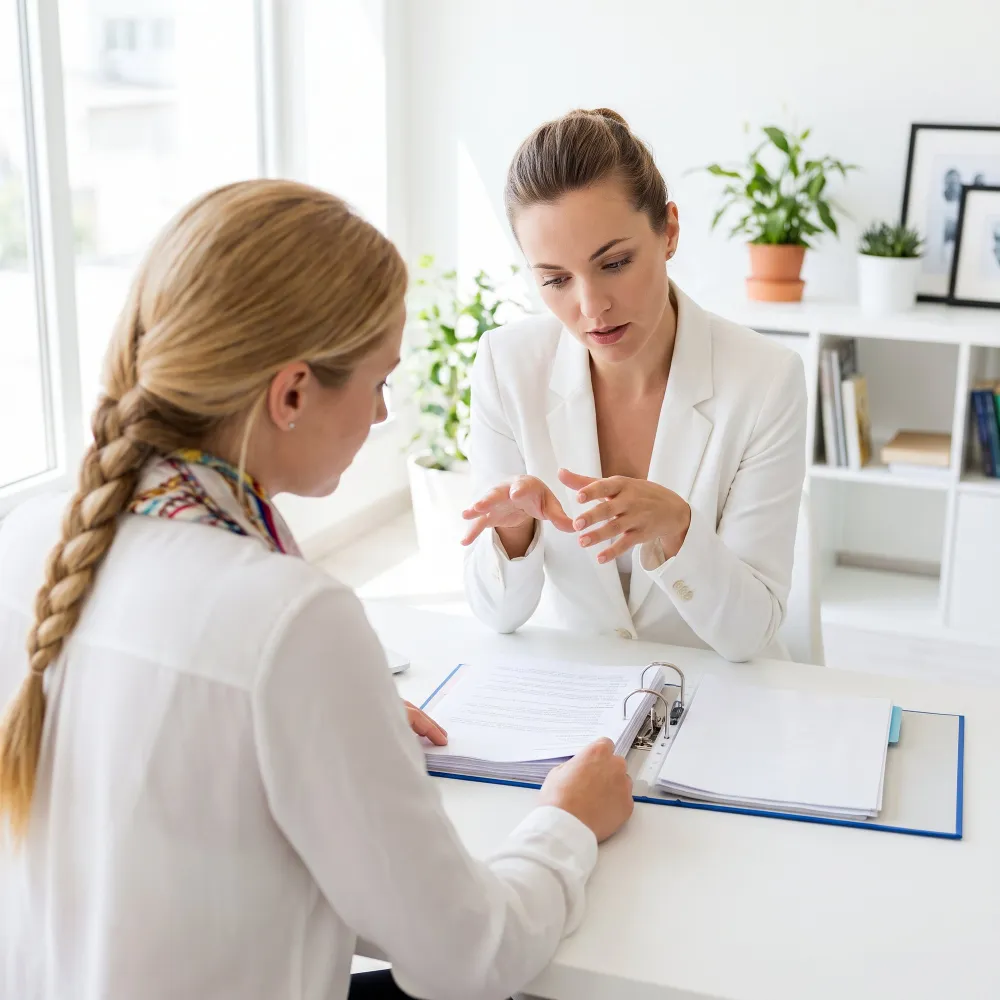 Healthcare provider discussing hormone therapy with a female patient.