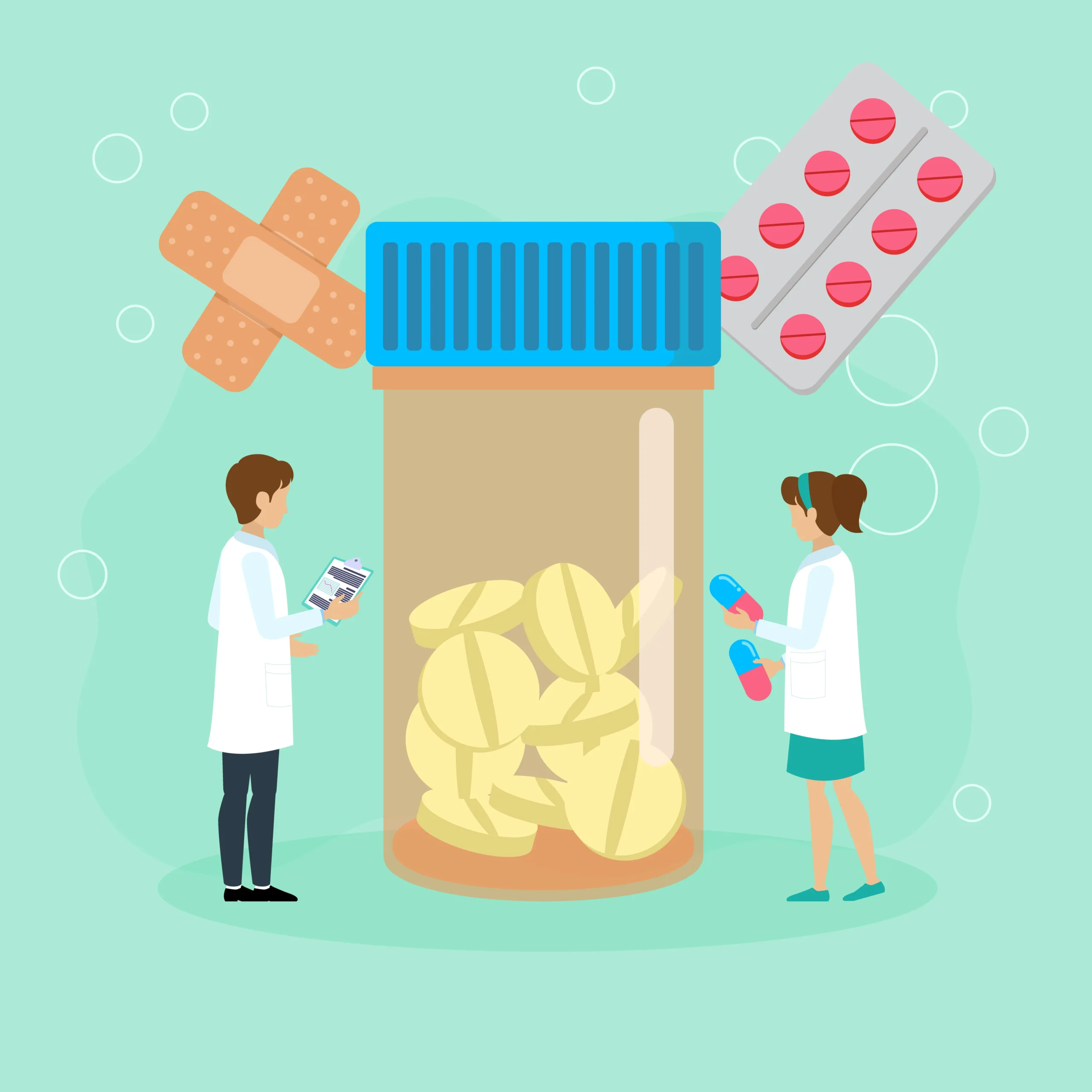 Illustration of pharmacists preparing customized medications, highlighting personalized treatment options at a Jacksonville compounding pharmacy.